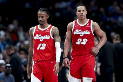 Mar 7, 2025; Dallas, Texas, USA; Memphis Grizzlies guard Ja Morant (12) and Memphis Grizzlies guard Desmond Bane (22) against the Dallas Mavericks during the second half at American Airlines Center. Mandatory Credit: Kevin Jairaj-Imagn Images