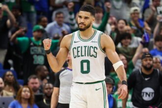 Orlando, Florida, USA; Boston Celtics forward Jayson Tatum (0) reacts after beating the Orlando Magic in game four of first round for the 2025 NBA Playoffs at Kia Center. Mandatory Credit: Nathan Ray Seebeck-Imagn Images