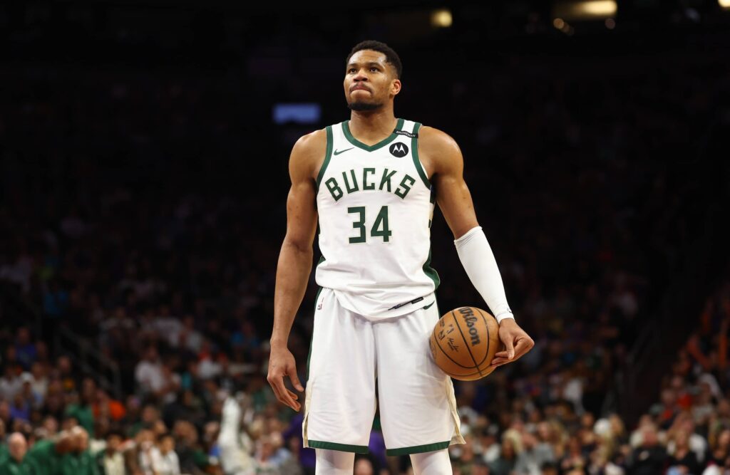 Mar 24, 2025; Phoenix, Arizona, USA; Milwaukee Bucks forward Giannis Antetokounmpo (34) against the Phoenix Suns at Footprint Center. Mandatory Credit: Mark J. Rebilas-Imagn Images