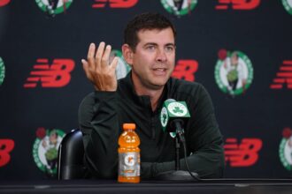 Boston, MA, USA; Boston Celtics president of basketball operations Brad Stevens talks to reporters during media day at the Auerbach Center. Mandatory Credit: David Butler II-Imagn Images