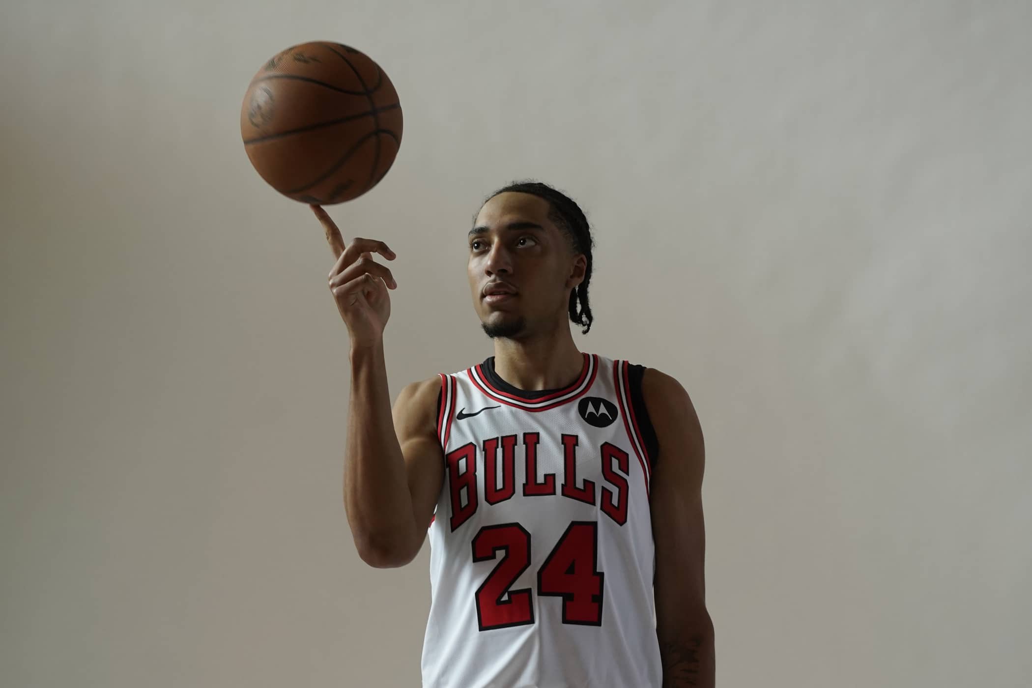 Sep 29, 2025; Chicago, IL, USA; Chicago Bulls forward Noa Essengue (24) poses for photos during Chicago Bulls Media Day. Mandatory Credit: David Banks-Imagn Images