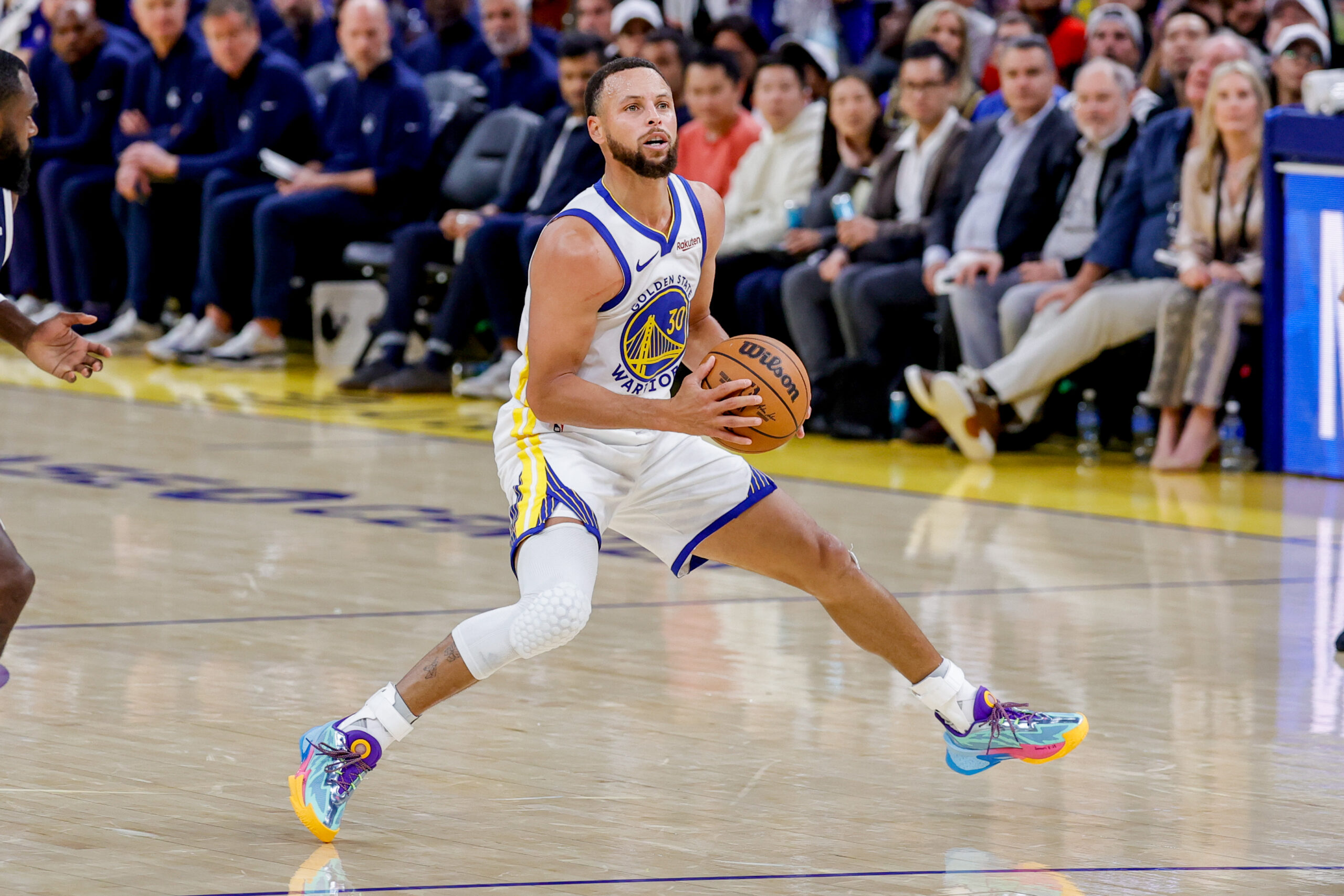 Oct 23, 2025; San Francisco, California, USA; Golden State Warriors guard Stephen Curry (30) steps back for a shot against the Denver Nuggets during the third quarter at Chase Center. Mandatory Credit: Bob Kupbens-Imagn Images