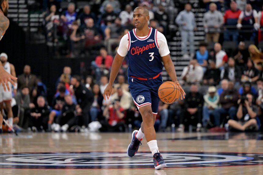 Oct 24, 2025; Inglewood, California, USA; Los Angeles Clippers guard Chris Paul (3) handles the ball in the second half against the Phoenix Suns at Intuit Dome. Mandatory Credit: Jayne Kamin-Oncea-Imagn Images