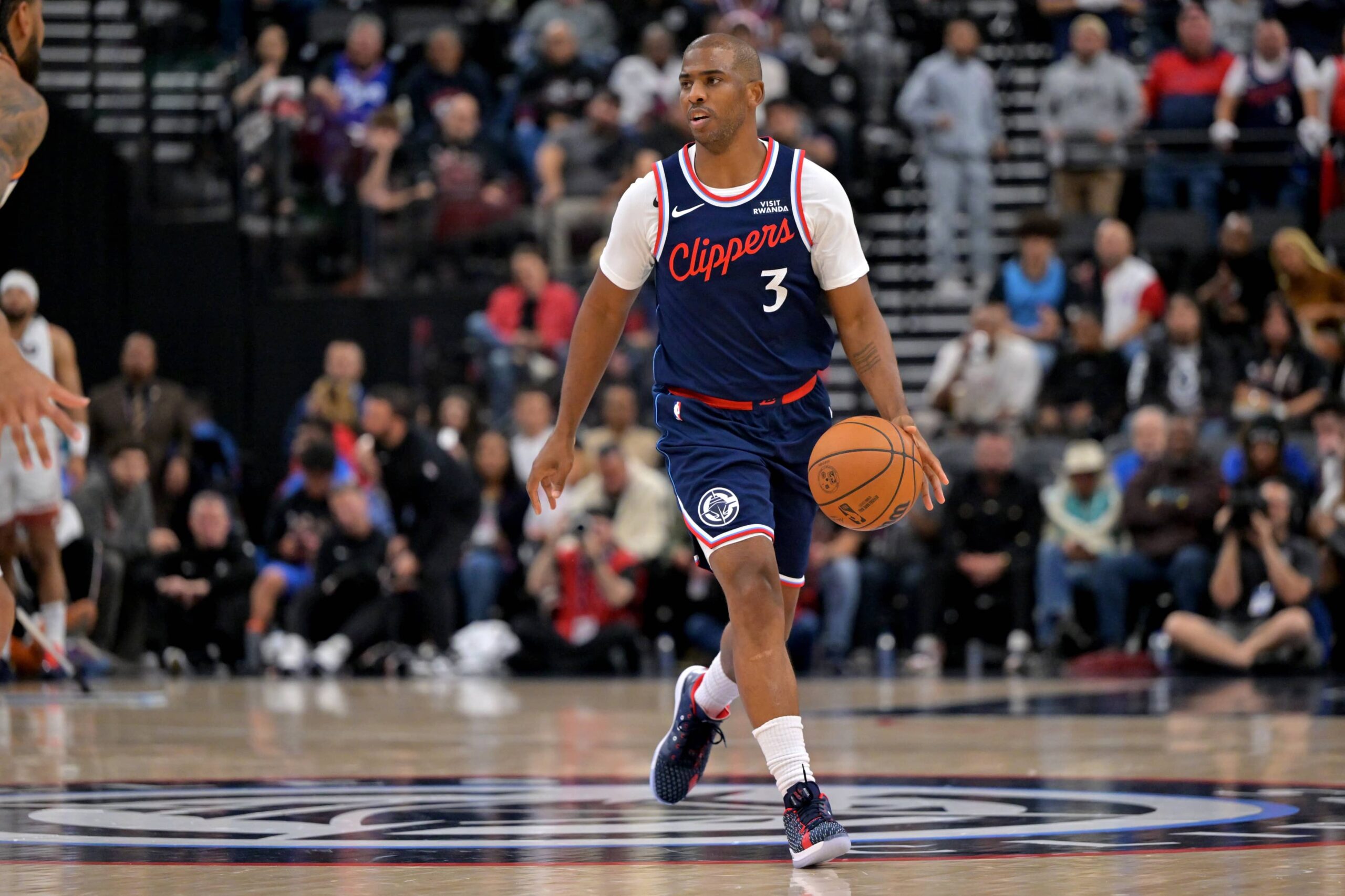Oct 24, 2025; Inglewood, California, USA; Los Angeles Clippers guard Chris Paul (3) handles the ball in the second half against the Phoenix Suns at Intuit Dome. Mandatory Credit: Jayne Kamin-Oncea-Imagn Images