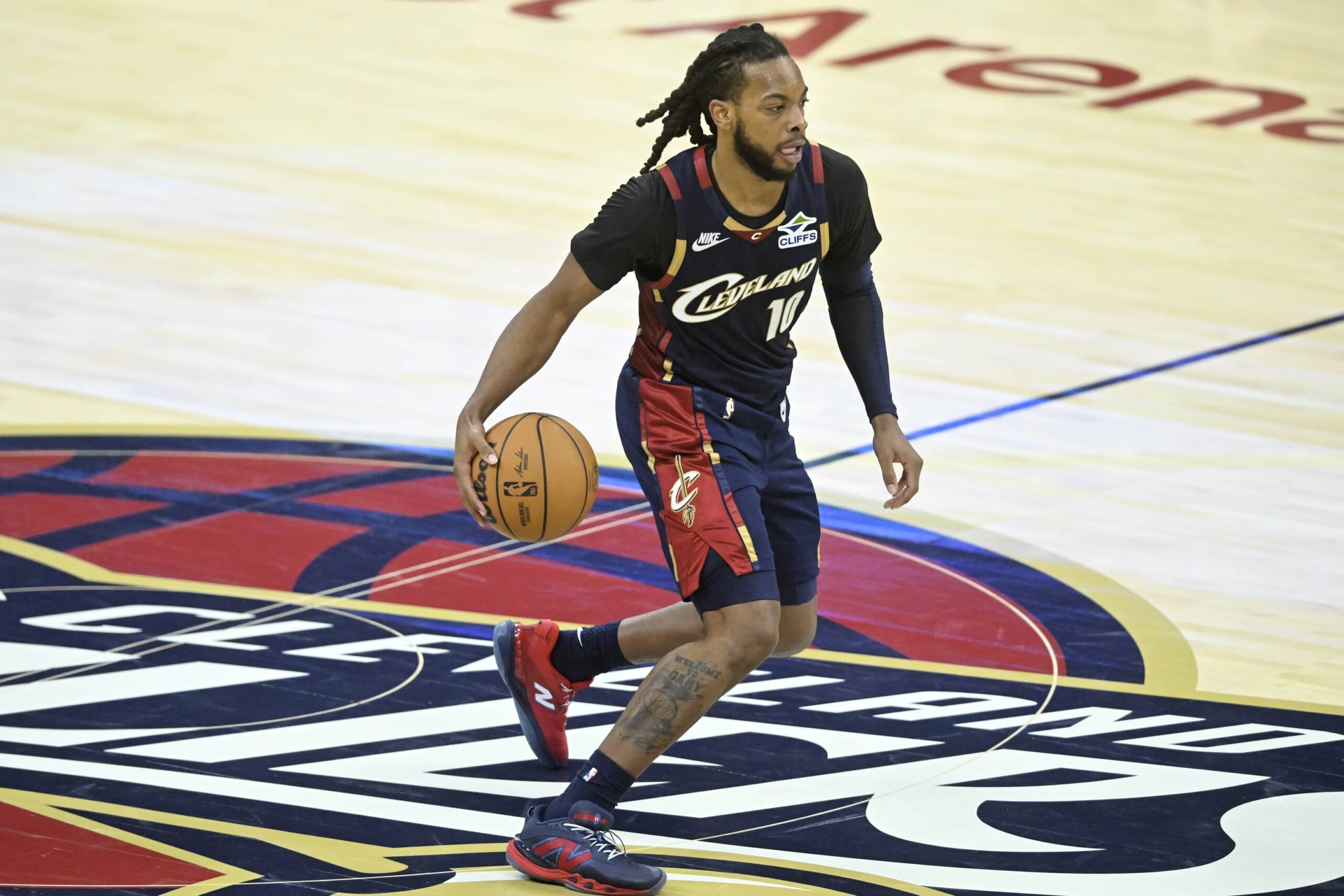 Nov 5, 2025; Cleveland, Ohio, USA; Cleveland Cavaliers guard Darius Garland (10) brings the ball up court in the fourth quarter against the Philadelphia 76ers at Rocket Arena. Mandatory Credit: David Richard-Imagn Images