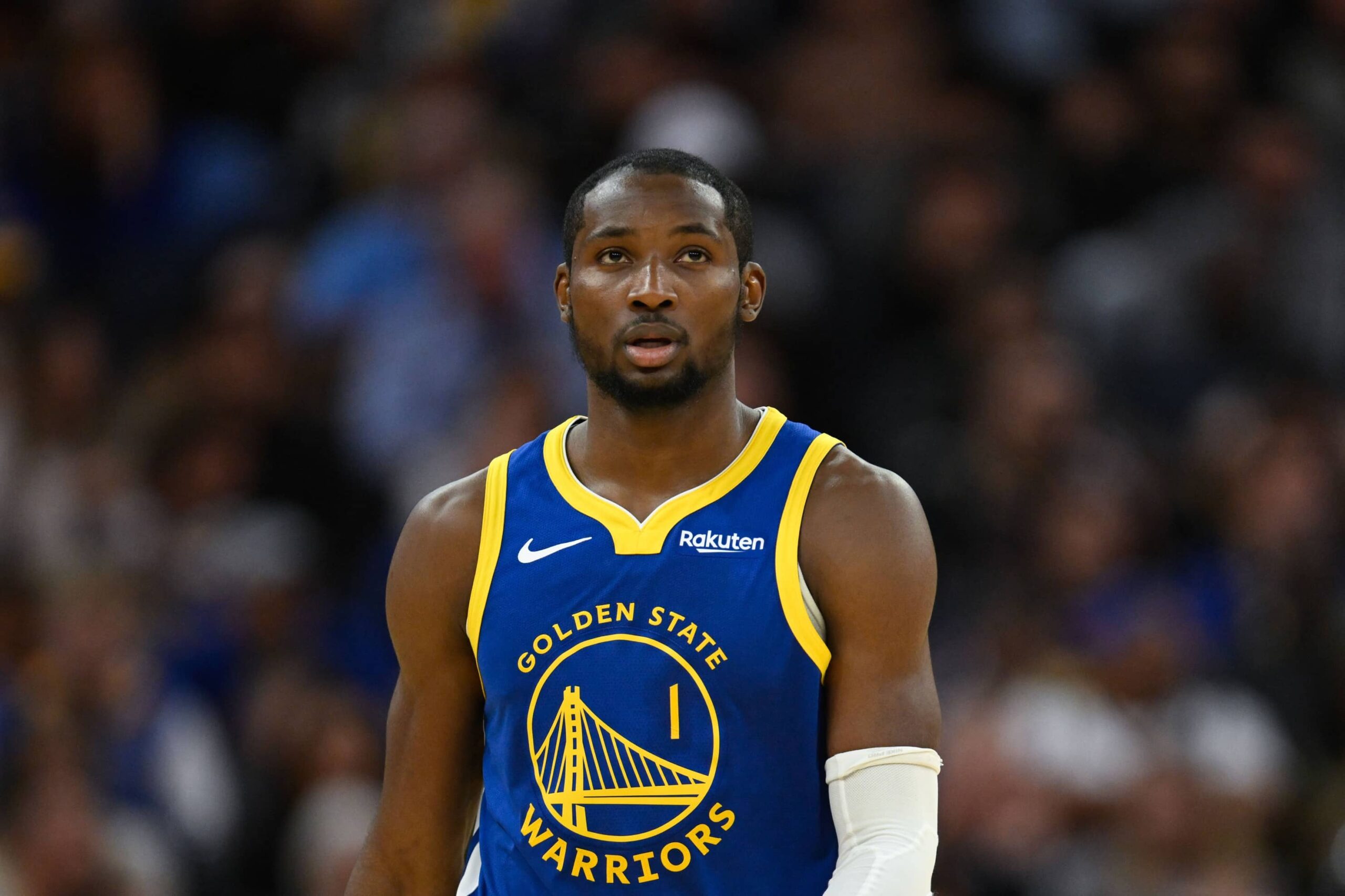 Nov 4, 2025; San Francisco, California, USA; Golden State Warriors forward Jonathan Kuminga (1) looks on against the Phoenix Suns in the third quarter at Chase Center. Mandatory Credit: Eakin Howard-Imagn Images