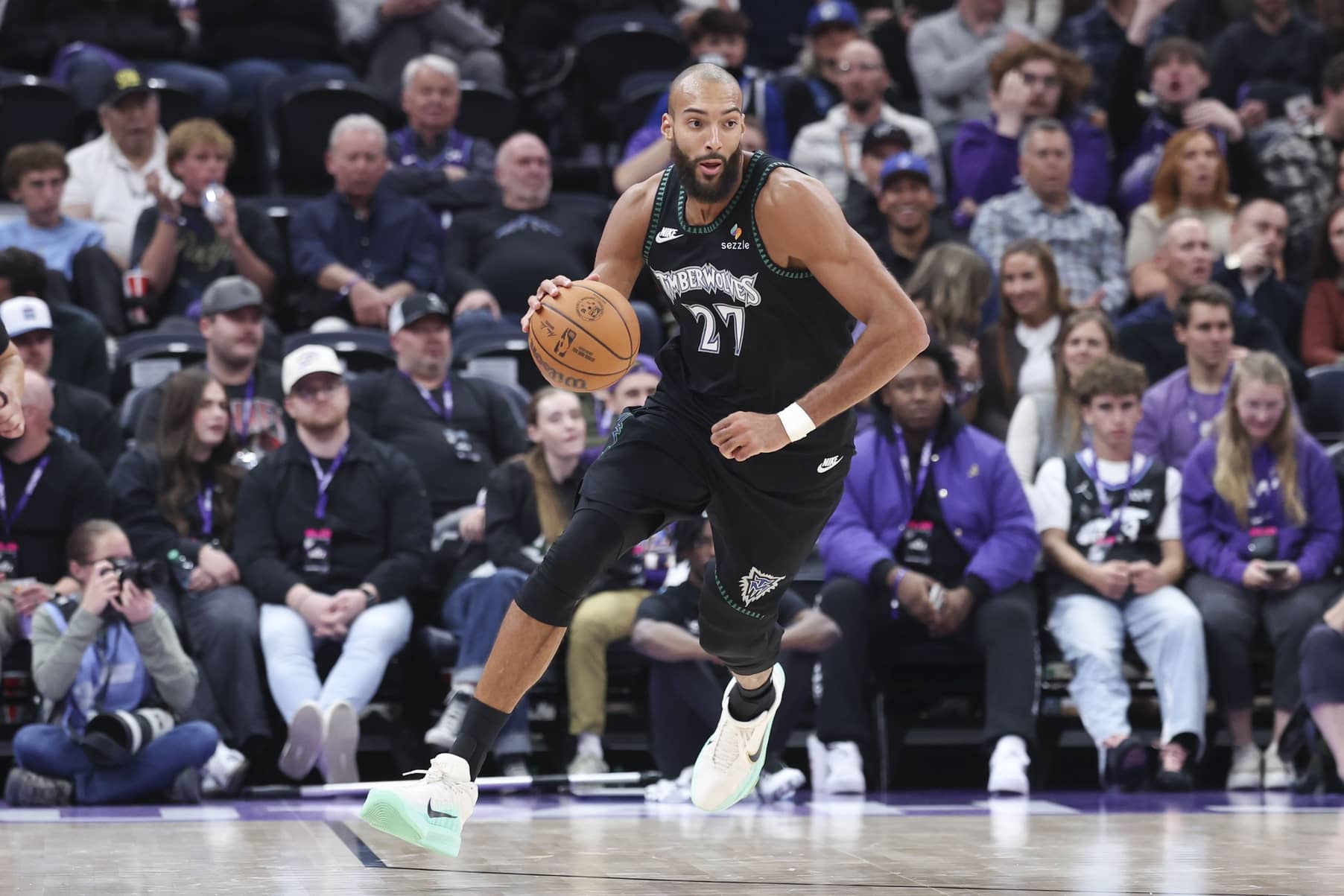 Nov 10, 2025; Salt Lake City, Utah, USA; Minnesota Timberwolves center Rudy Gobert (27) brings the ball up the court against the Utah Jazz during the second half at Delta Center. Mandatory Credit: Rob Gray-Imagn Images