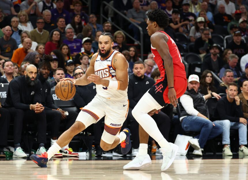 Nov 24, 2025; Phoenix, Arizona, USA; Phoenix Suns forward Dillon Brooks (3) against the Houston Rockets in the second half at Mortgage Matchup Center. Mandatory Credit: Mark J. Rebilas-Imagn Images