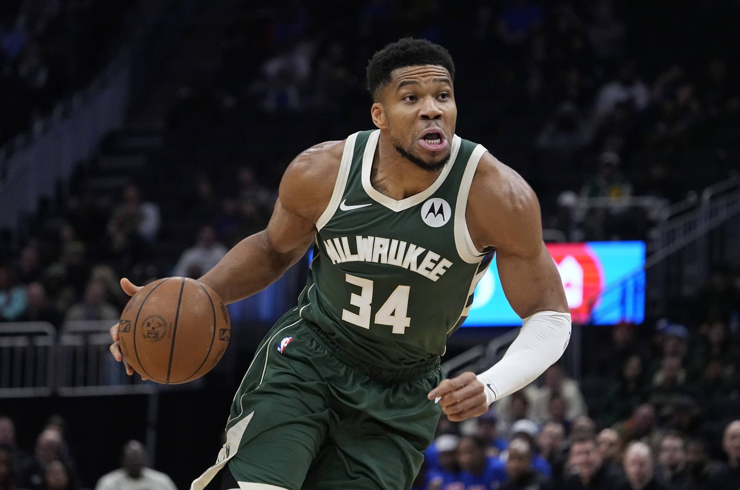 Dec 3, 2025; Milwaukee, Wisconsin, USA; Milwaukee Bucks forward Giannis Antetokounmpo (34) drives to the basket in the first half against the Detroit Pistons at Fiserv Forum. Mandatory Credit: Michael McLoone-Imagn Images