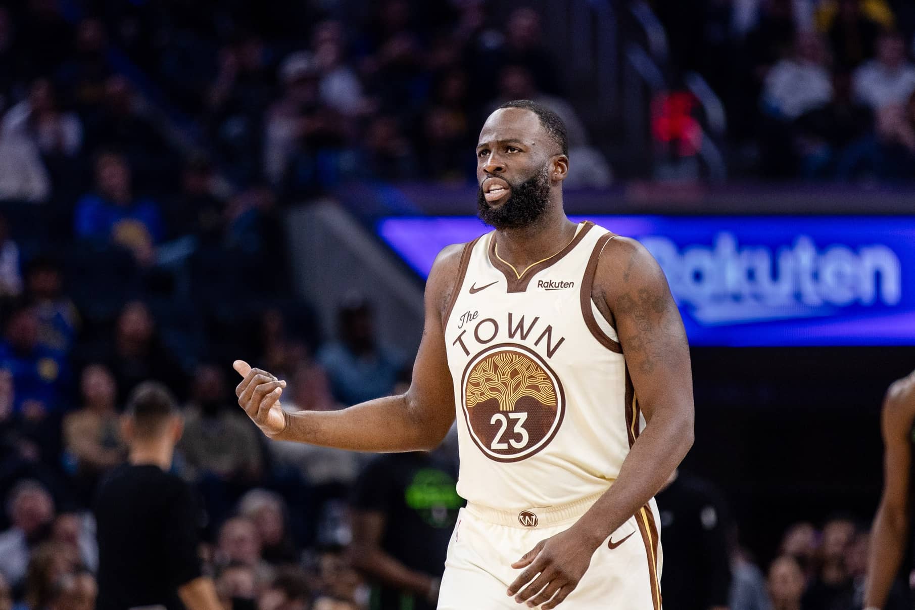 Nov 29, 2025; San Francisco, California, USA; Golden State Warriors forward Draymond Green (23) gestures during the second quarter against the New Orleans Pelicans at Chase Center. Mandatory Credit: John Hefti-Imagn Images