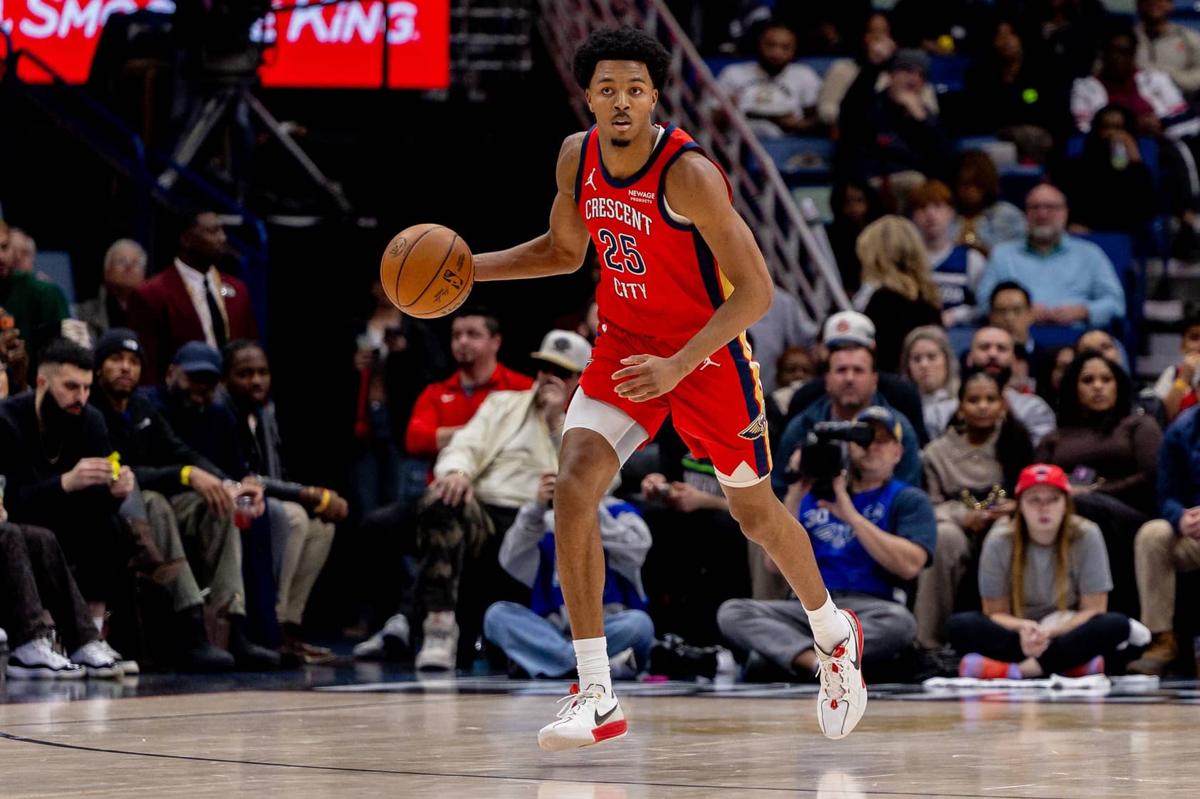 Dec 4, 2025; New Orleans, Louisiana, USA; New Orleans Pelicans forward Trey Murphy III (25) brings the ball up court against the Minnesota Timberwolves during the first half at Smoothie King Center. Mandatory Credit: Stephen Lew-Imagn Images
