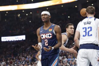 Oklahoma City, Oklahoma, USA; Oklahoma City Thunder guard Shai Gilgeous-Alexander (2) reacts after a call against him following a defensive play against the Dallas Mavericks during the second quarter at Paycom Center. Mandatory Credit: Alonzo Adams-Imagn Images