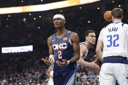 Oklahoma City, Oklahoma, USA; Oklahoma City Thunder guard Shai Gilgeous-Alexander (2) reacts after a call against him following a defensive play against the Dallas Mavericks during the second quarter at Paycom Center. Mandatory Credit: Alonzo Adams-Imagn Images