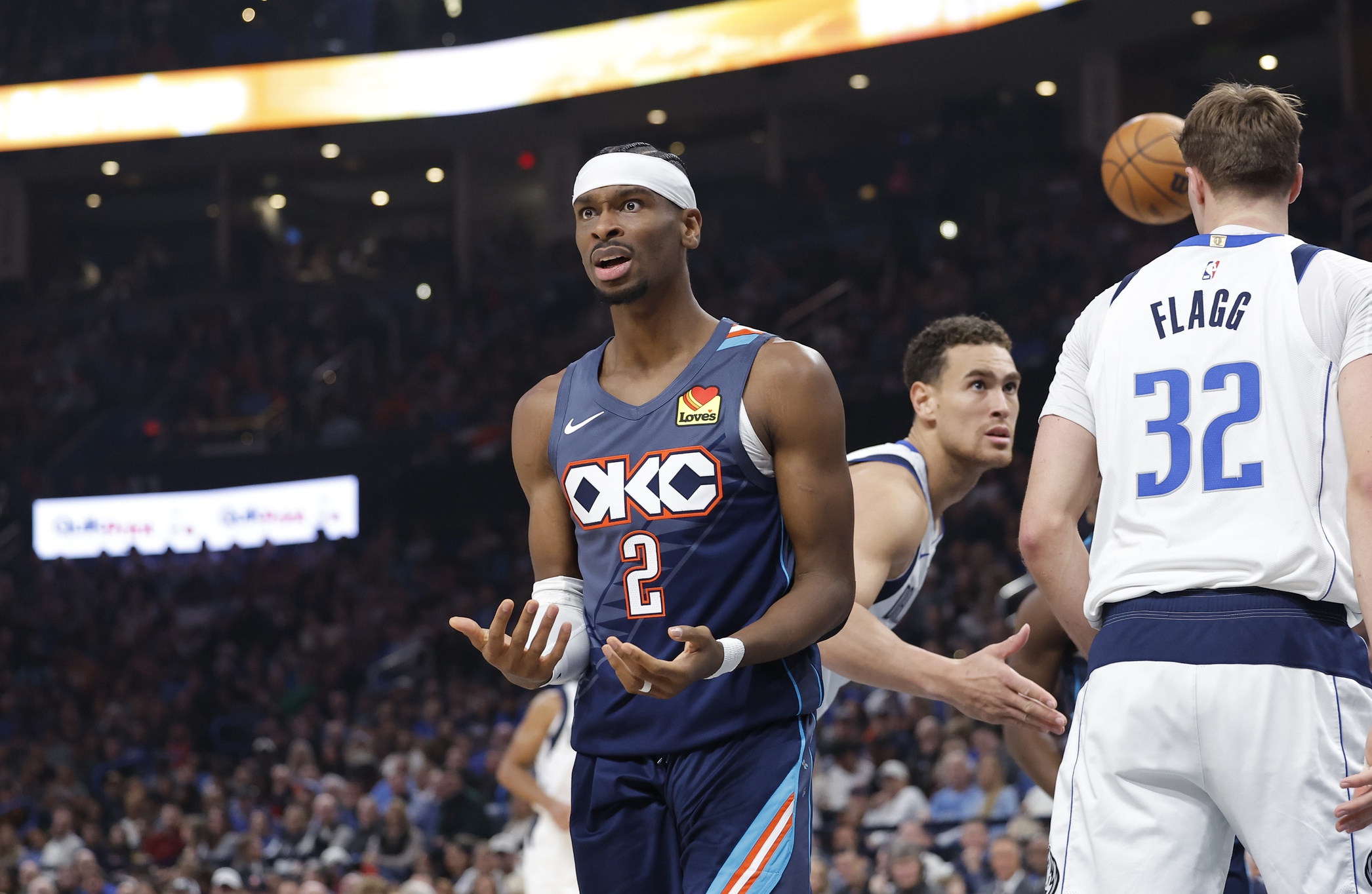 Oklahoma City, Oklahoma, USA; Oklahoma City Thunder guard Shai Gilgeous-Alexander (2) reacts after a call against him following a defensive play against the Dallas Mavericks during the second quarter at Paycom Center. Mandatory Credit: Alonzo Adams-Imagn Images