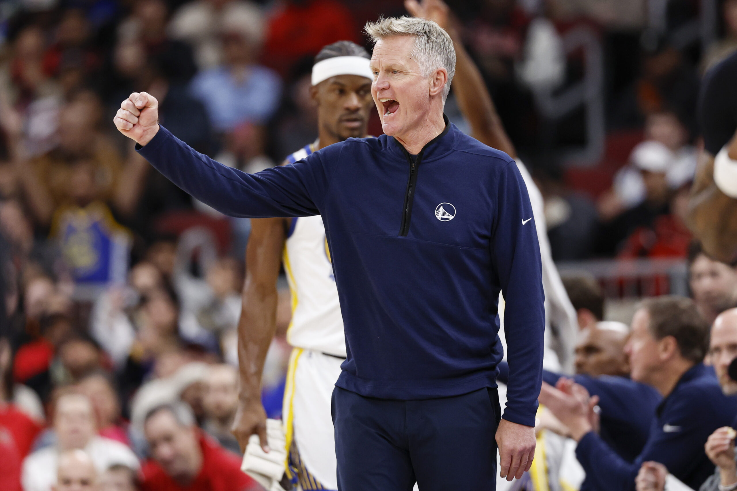 Dec 7, 2025; Chicago, Illinois, USA; Golden State Warriors head coach Steve Kerr reacts during the first half at United Center. Mandatory Credit: Kamil Krzaczynski-Imagn Images
