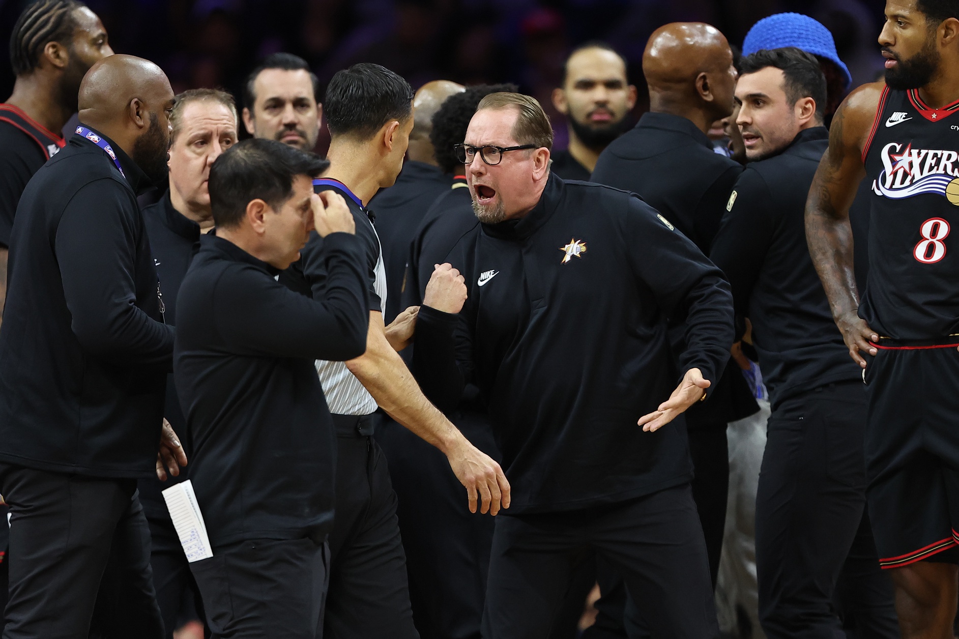Dec 7, 2025; Philadelphia, Pennsylvania, USA; Philadelphia 76ers head coach Nick Nurse argues with an official after a technical foul on Tyrese Maxey (not pictured) during the first quarter against the Los Angeles Lakers at Xfinity Mobile Arena. Mandatory Credit: Bill Streicher-Imagn Images