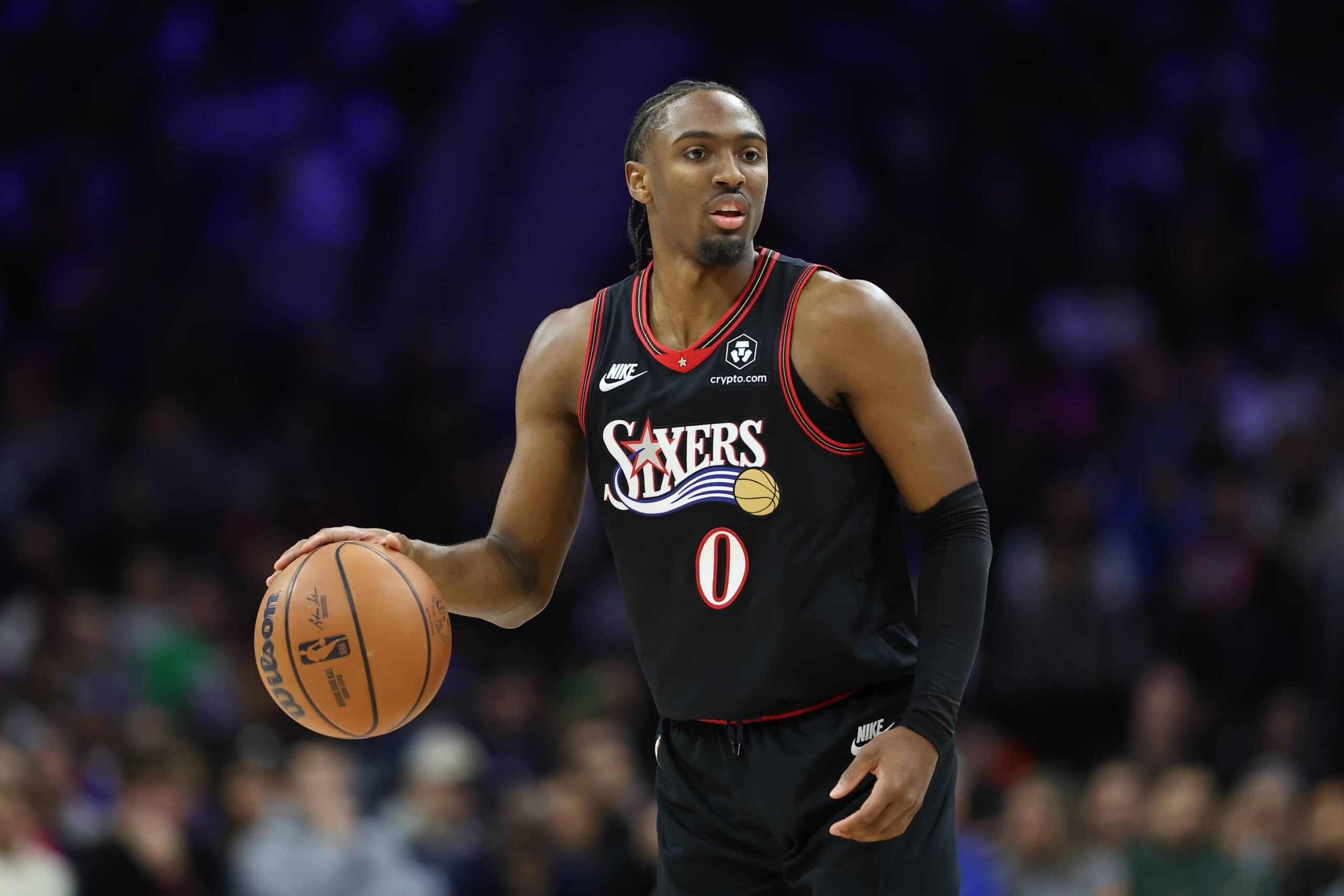 Dec 7, 2025; Philadelphia, Pennsylvania, USA; Philadelphia 76ers guard Tyrese Maxey plays against the Los Angeles Lakers during the third quarter at Xfinity Mobile Arena. Mandatory Credit: Bill Streicher-Imagn Images