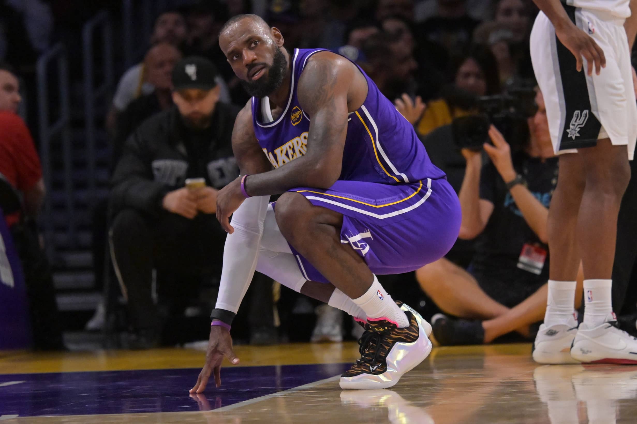 Dec 10, 2025; Los Angeles, California, USA; Los Angeles Lakers forward Lebron James (23) reacts after a foul call during the second half against the San Antonio Spurs at Crypto.com Arena. Mandatory Credit: Jayne Kamin-Oncea-Imagn Images