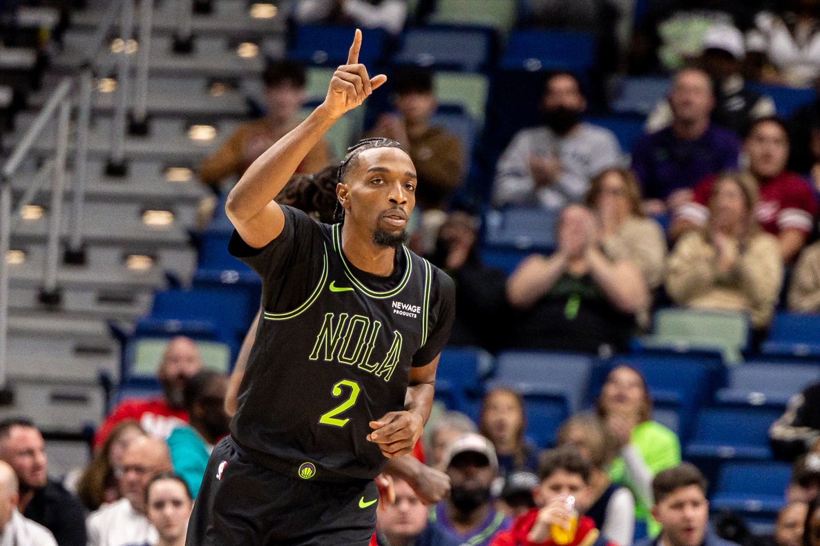 Dec 11, 2025; New Orleans, Louisiana, USA; New Orleans Pelicans forward Herbert Jones (2) reacts to making a basket against the Portland Trail Blazers during the first half at Smoothie King Center. Mandatory Credit: Stephen Lew-Imagn Images