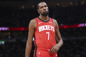 Houston, Texas, USA; Houston Rockets forward Kevin Durant (7) reacts during the third quarter against the Los Angeles Clippers at Toyota Center. Mandatory Credit: Troy Taormina-Imagn Images