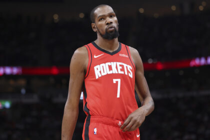 Houston, Texas, USA; Houston Rockets forward Kevin Durant (7) reacts during the third quarter against the Los Angeles Clippers at Toyota Center. Mandatory Credit: Troy Taormina-Imagn Images