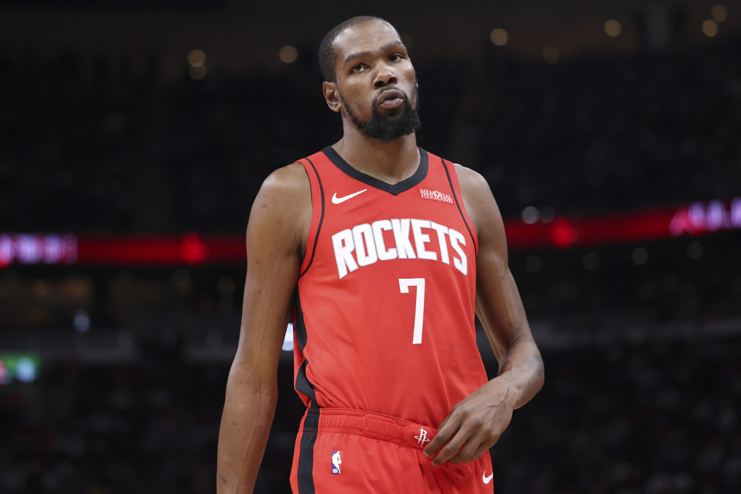 Houston, Texas, USA; Houston Rockets forward Kevin Durant (7) reacts during the third quarter against the Los Angeles Clippers at Toyota Center. Mandatory Credit: Troy Taormina-Imagn Images