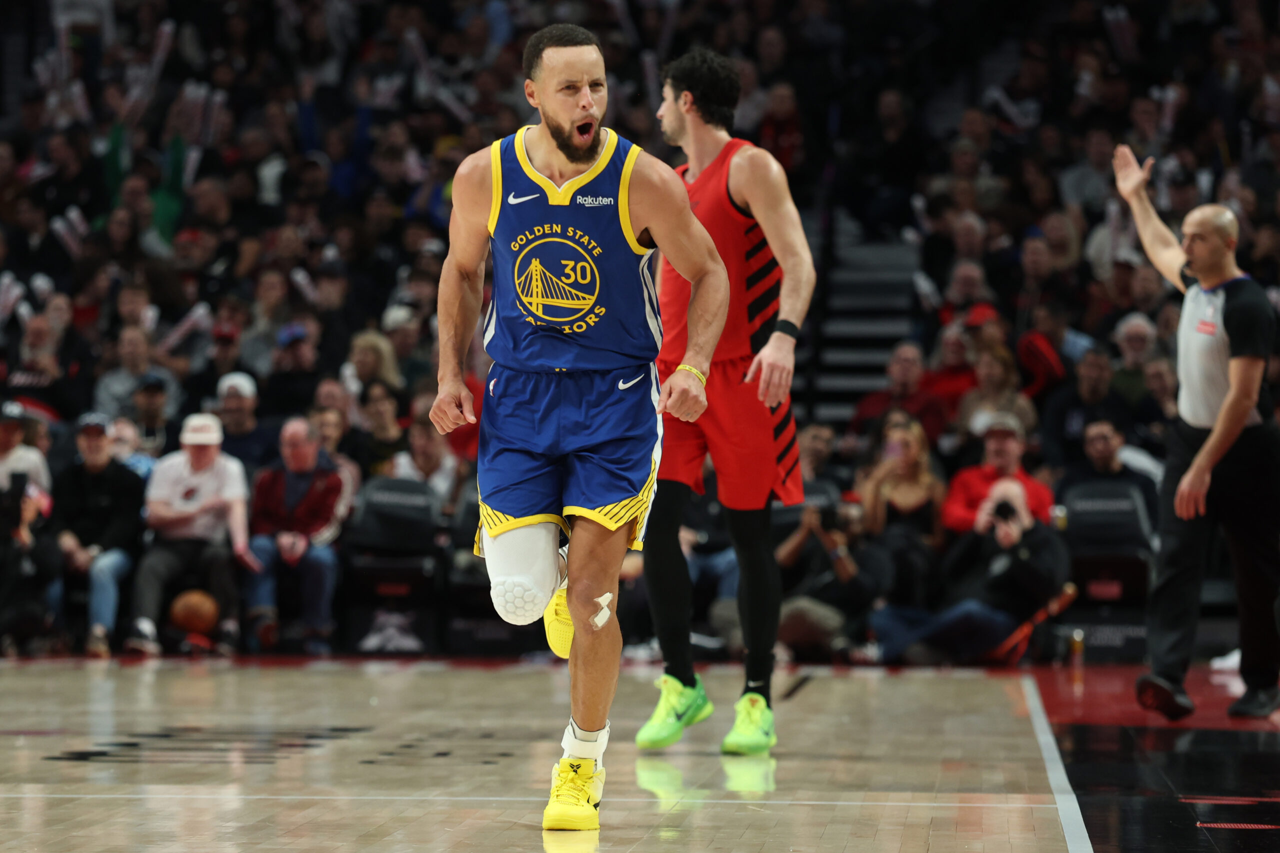 Dec 14, 2025; Portland, Oregon, USA; Golden State Warriors guard Stephen Curry (30) reacts after making a three-point basket against the Portland Trail Blazers during the second half at Moda Center. Mandatory Credit: Jaime Valdez-Imagn Images