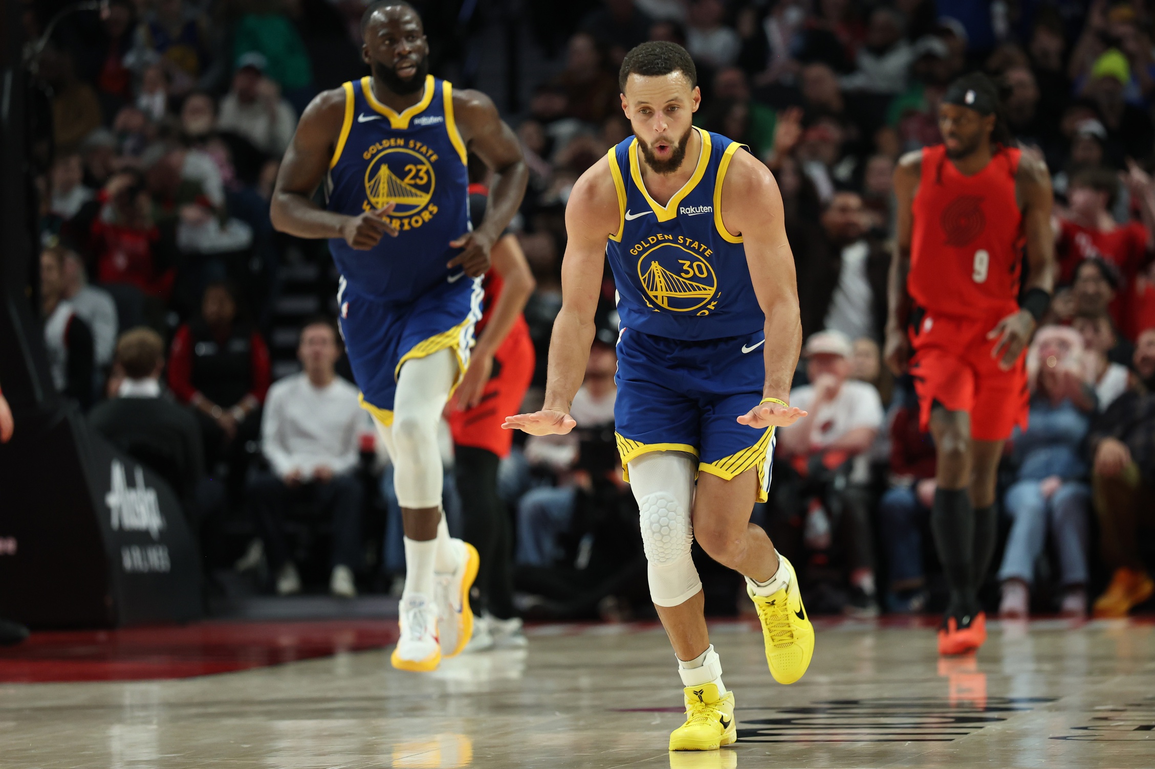 Dec 14, 2025; Portland, Oregon, USA; Golden State Warriors guard Stephen Curry (30) reacts after making a three-point shot against the Portland Trail Blazers during the second half at Moda Center. Mandatory Credit: Jaime Valdez-Imagn Images