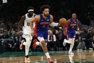 Dec 15, 2025; Boston, Massachusetts, USA; Detroit Pistons guard Cade Cunningham (2) brings the ball up the court against the Boston Celtics during the first quarter at TD Garden. Mandatory Credit: Winslow Townson-Imagn Images