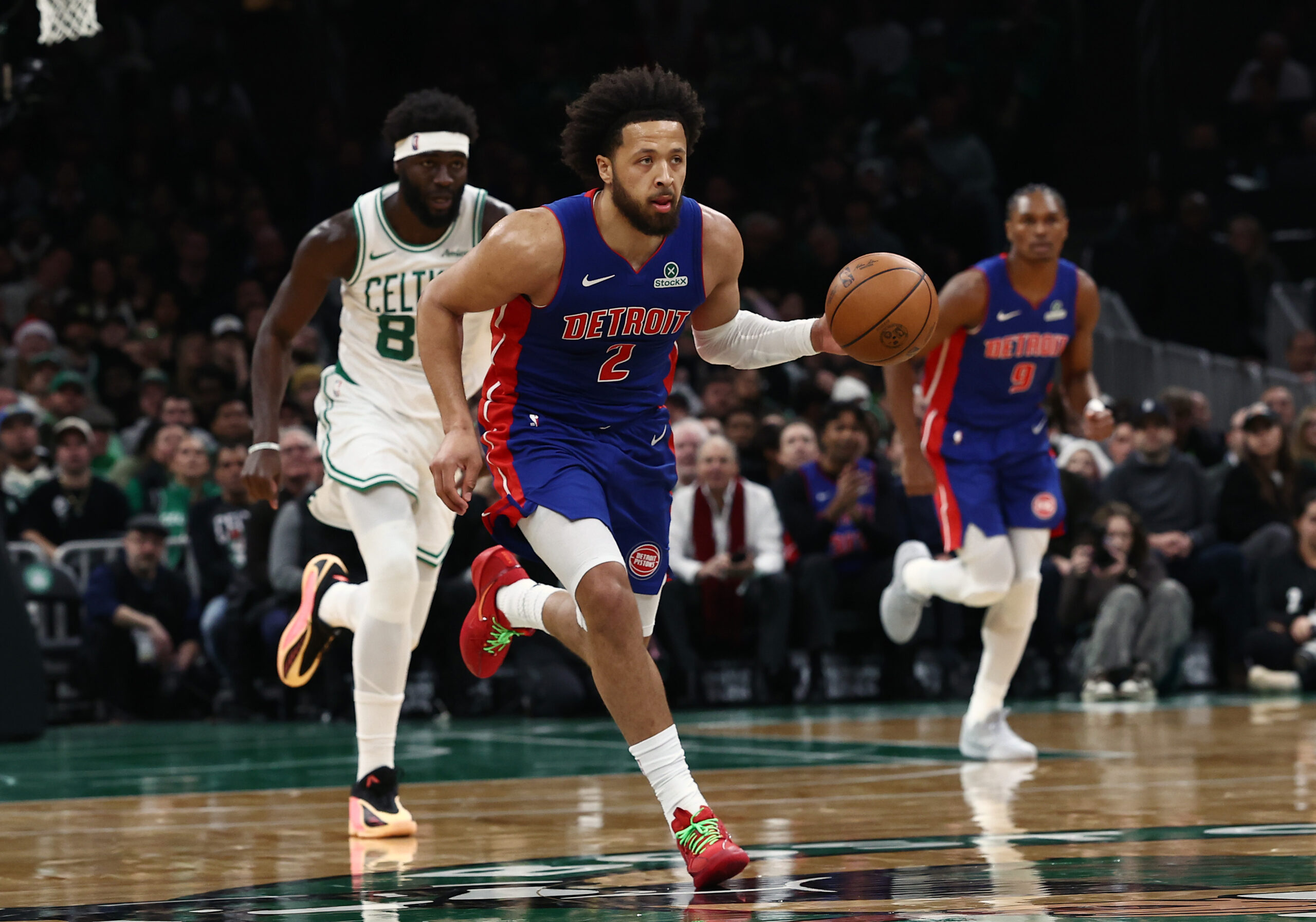 Dec 15, 2025; Boston, Massachusetts, USA; Detroit Pistons guard Cade Cunningham (2) brings the ball up the court against the Boston Celtics during the first quarter at TD Garden. Mandatory Credit: Winslow Townson-Imagn Images