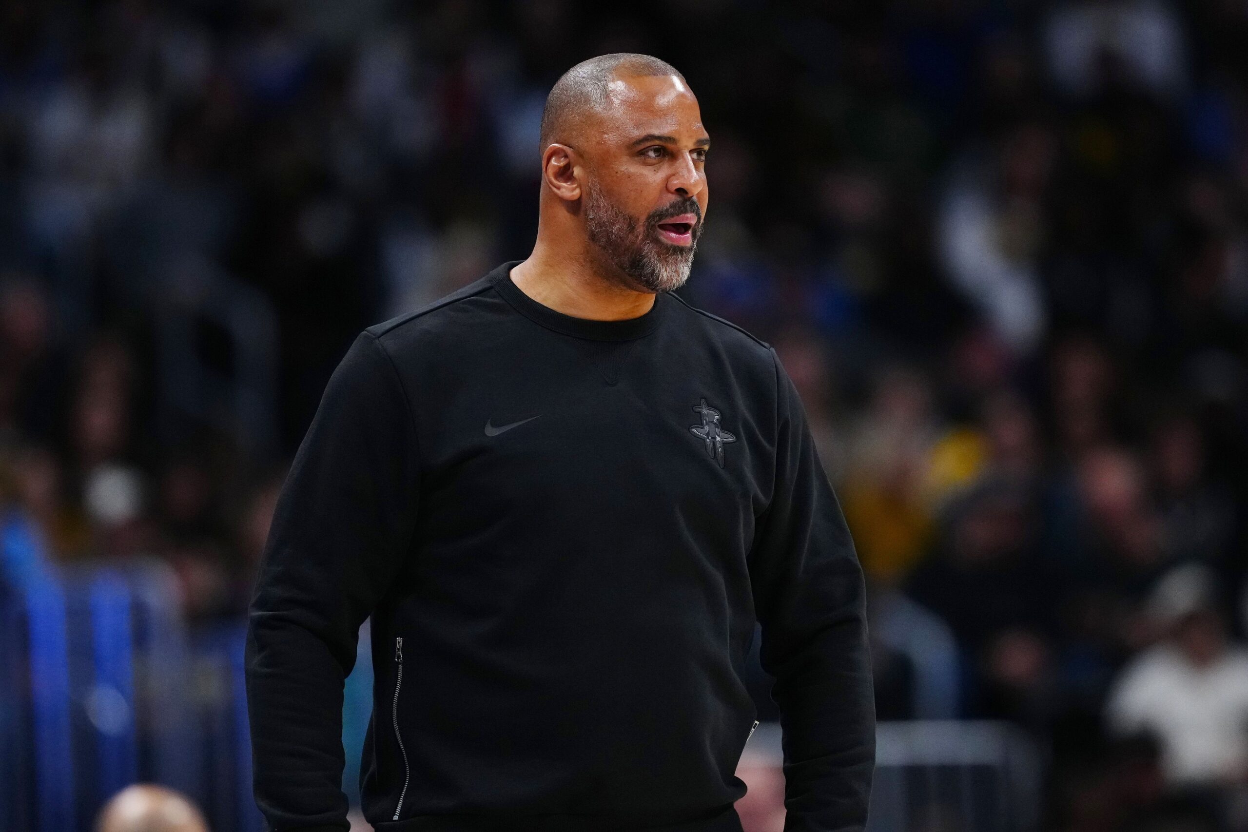 Dec 15, 2025; Denver, Colorado, USA; Houston Rockets head coach Ime Udoka during the second quarter against the Denver Nuggets at Ball Arena. Mandatory Credit: Ron Chenoy-Imagn Images