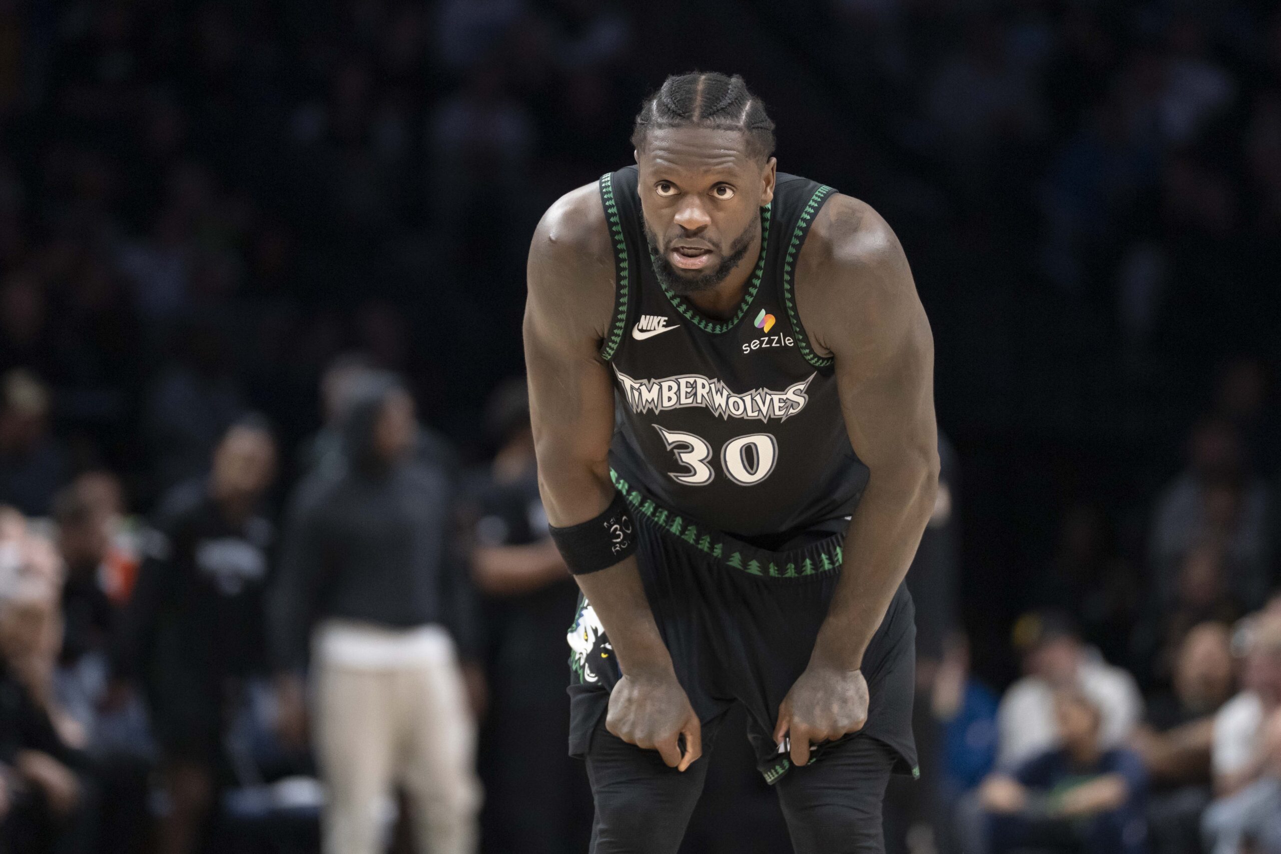 Dec 17, 2025; Minneapolis, Minnesota, USA; Minnesota Timberwolves forward Julius Randle (30) looks on against the Memphis Grizzlies in the second half at Target Center. Mandatory Credit: Jesse Johnson-Imagn Images
