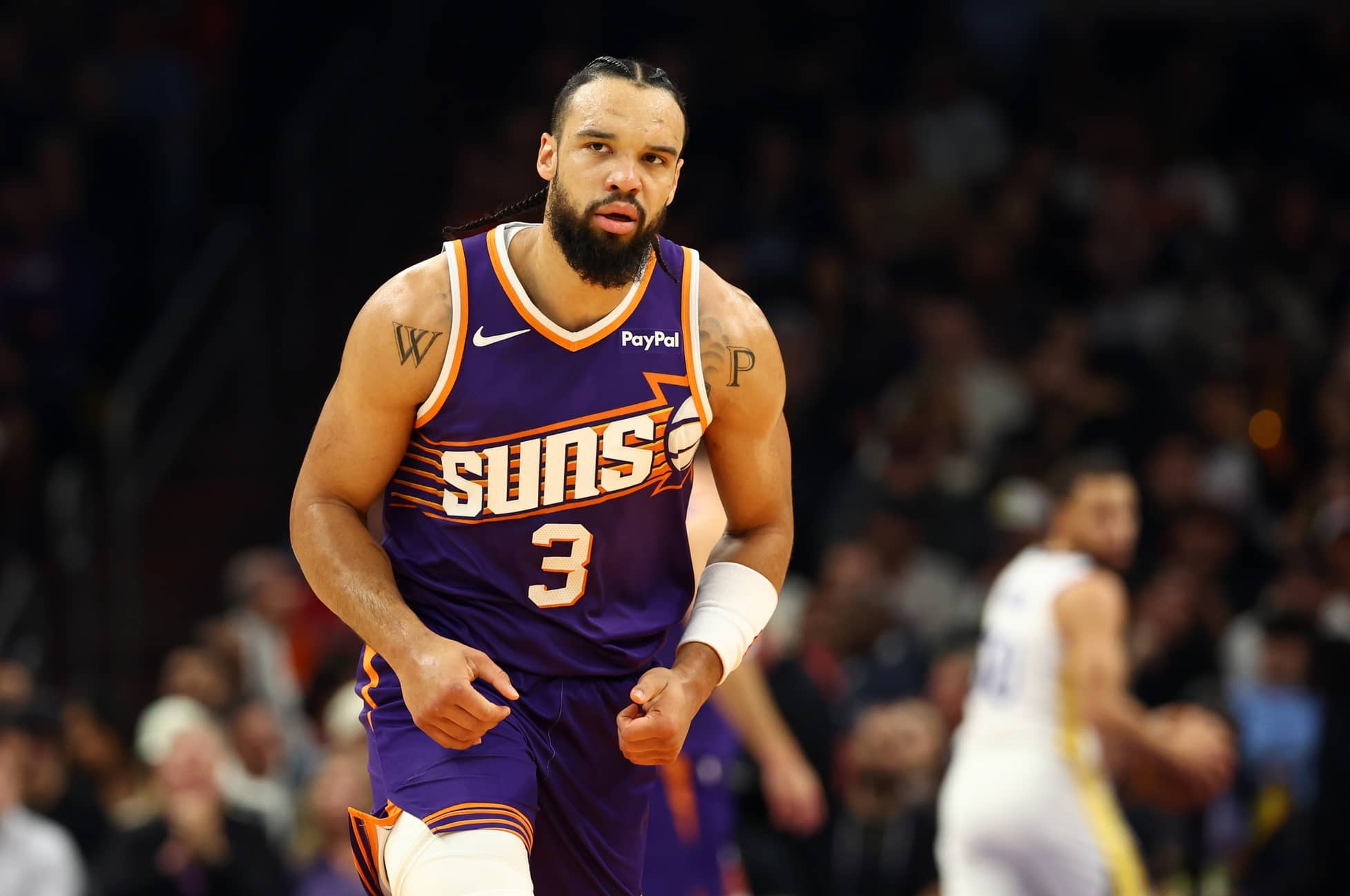 \Phoenix, Arizona, USA; Phoenix Suns forward Dillon Brooks (3) against the Golden State Warriors in the first half at Mortgage Matchup Center. Mandatory Credit: Mark J. Rebilas-Imagn Images