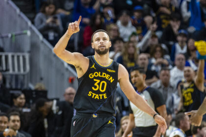 San Francisco, California, USA; Golden State Warriors guard Stephen Curry (30) reacts after scoring against the Phoenix Suns during the fourth quarter at Chase Center. Mandatory Credit: John Hefti-Imagn Images
