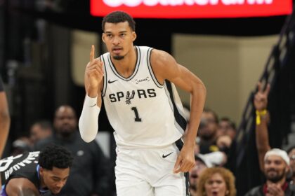 San Antonio, Texas, USA; San Antonio Spurs forward Victor Wembanyama (1) reacts after scoring during the first half against the Utah Jazz at Frost Bank Center. Mandatory Credit: Scott Wachter-Imagn Images