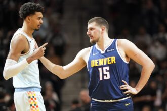 Jan 4, 2025; San Antonio, Texas, USA; San Antonio Spurs center Victor Wembanyama (1) greets Denver Nuggets center Nikola Jokic (15) before a game at Frost Bank Center.