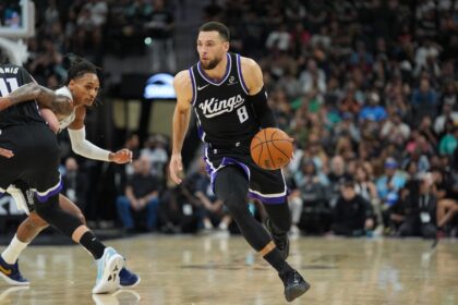 Nov 16, 2025; San Antonio, Texas, USA; Sacramento Kings guard Zach LaVine (8) dribbles in the second half against the San Antonio Spurs at Frost Bank Center. Mandatory Credit: Daniel Dunn-Imagn Images