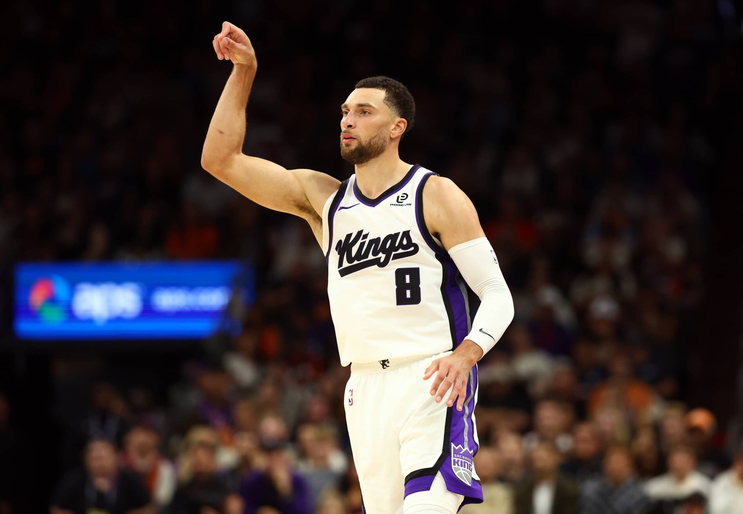 Oct 22, 2025; Phoenix, Arizona, USA; Sacramento Kings guard Zach LaVine (8) against the Phoenix Suns at the Mortgage Matchup Center. Mandatory Credit: Mark J. Rebilas-Imagn Images