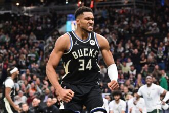 Nov 7, 2025; Milwaukee, Wisconsin, USA; Milwaukee Bucks forward Giannis Antetokounmpo (34) reacts after scoring a basket in the 3rd quarter against the Chicago Bulls at Fiserv Forum. Mandatory Credit: Benny Sieu-Imagn Images