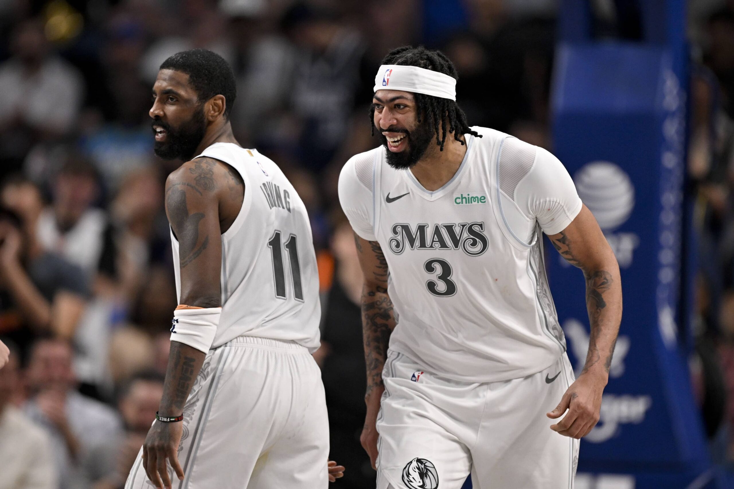 Dallas, Texas, USA; Dallas Mavericks forward Anthony Davis (3) and guard Kyrie Irving (11) celebrates after Davis dunks the ball during the game between the Dallas Mavericks and the Houston Rockets at the American Airlines Center. Mandatory Credit: Jerome Miron-Imagn Images
