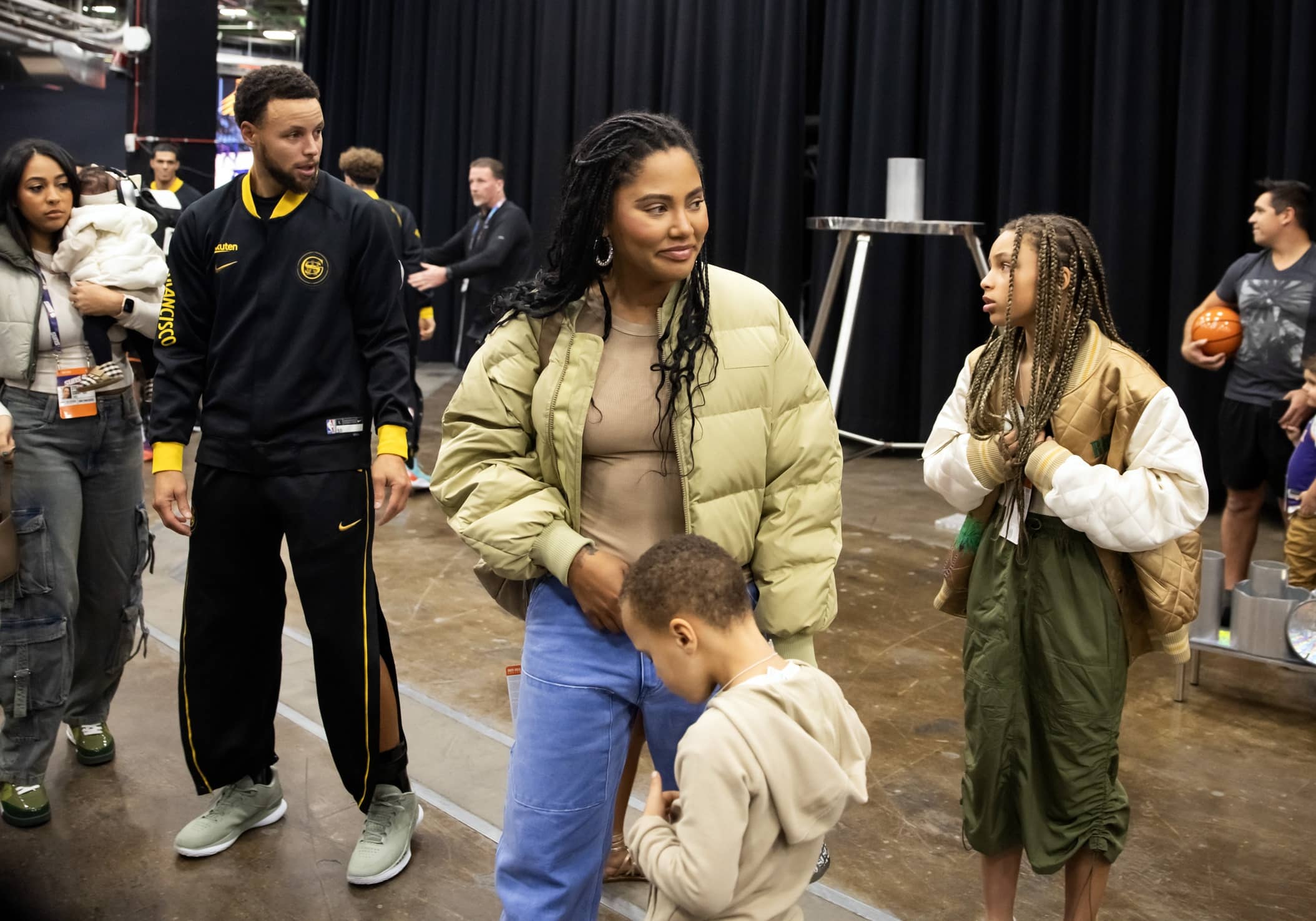 Phoenix, Arizona, USA; Golden State Warriors guard Stephen Curry (30) with wife Ayesha Curry prior to the game against the Phoenix Suns at Footprint Center. Mandatory Credit: Mark J. Rebilas-USA TODAY Sports