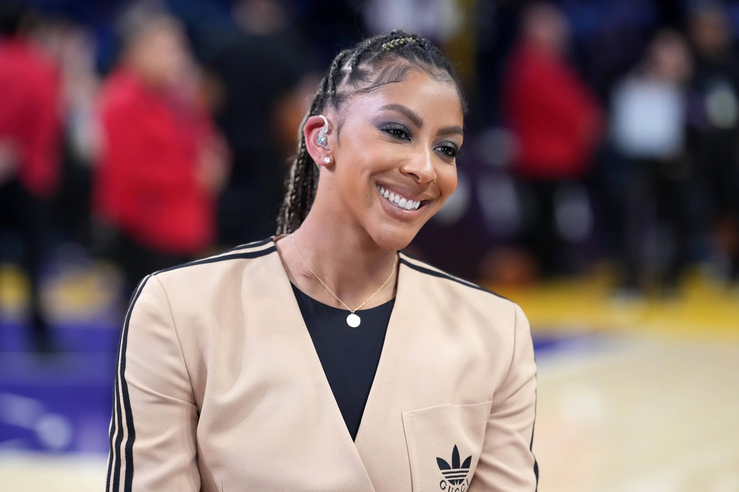 Los Angeles, California, USA; NBA on Prime analyst Candace Parker during the game between the Minnesota Timberwolves and the Los Angeles Lakers at Crypto.com Arena. Mandatory Credit: Kirby Lee-Imagn Images