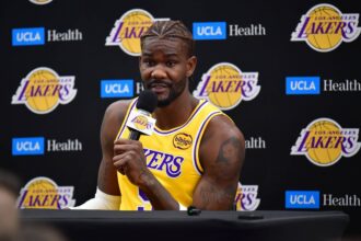 Los Angeles, CA, USA; Los Angeles Lakers center Deandre Ayton (5) during media day at UCLA Health Training Center. Mandatory Credit: Gary A. Vasquez-Imagn Images