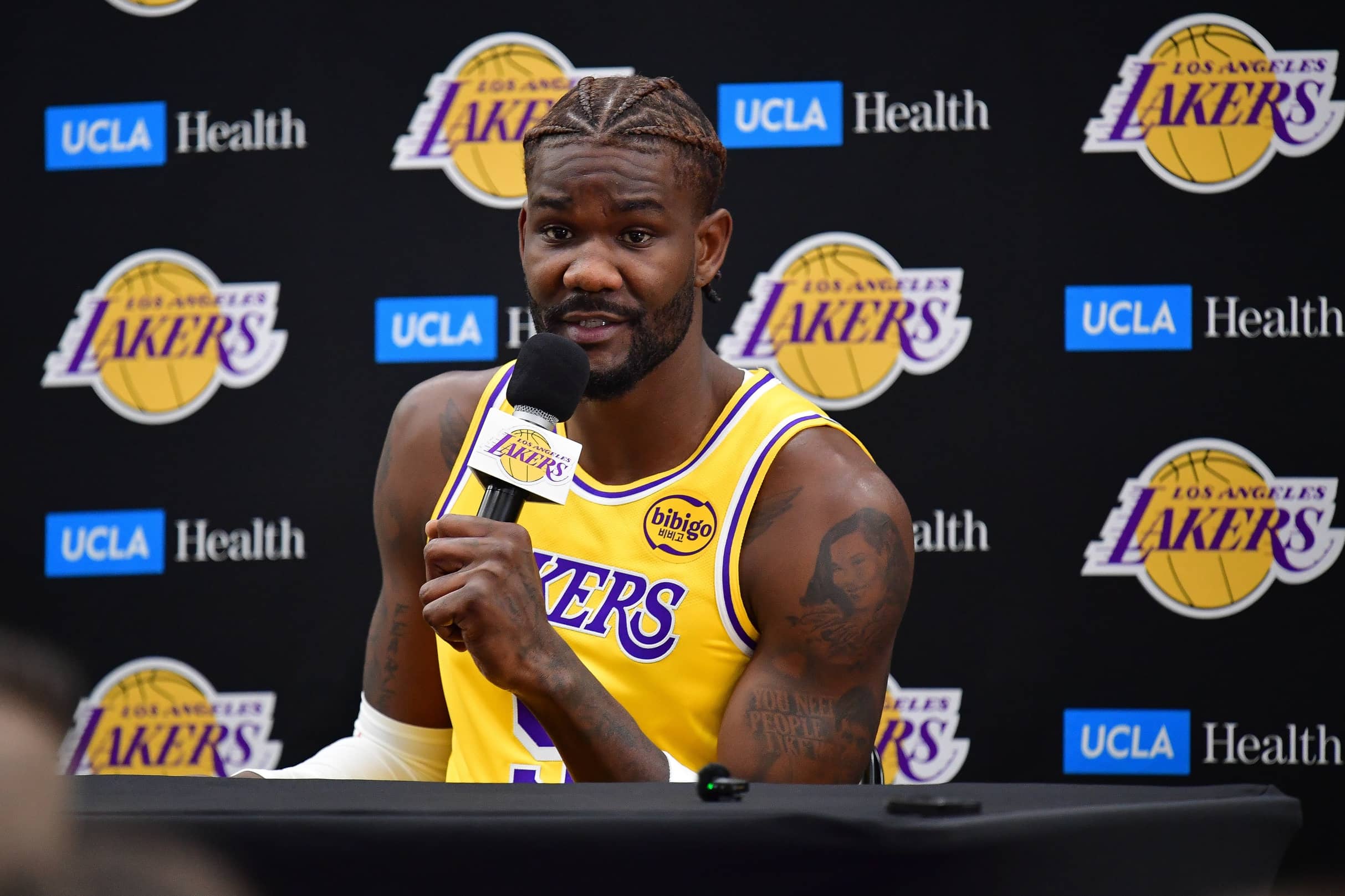 Los Angeles, CA, USA; Los Angeles Lakers center Deandre Ayton (5) during media day at UCLA Health Training Center. Mandatory Credit: Gary A. Vasquez-Imagn Images