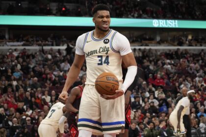Chicago, Illinois, USA; Milwaukee Bucks forward Giannis Antetokounmpo (34) reacts after scoring against the Chicago Bulls during the second half at United Center. Mandatory Credit: David Banks-Imagn Images