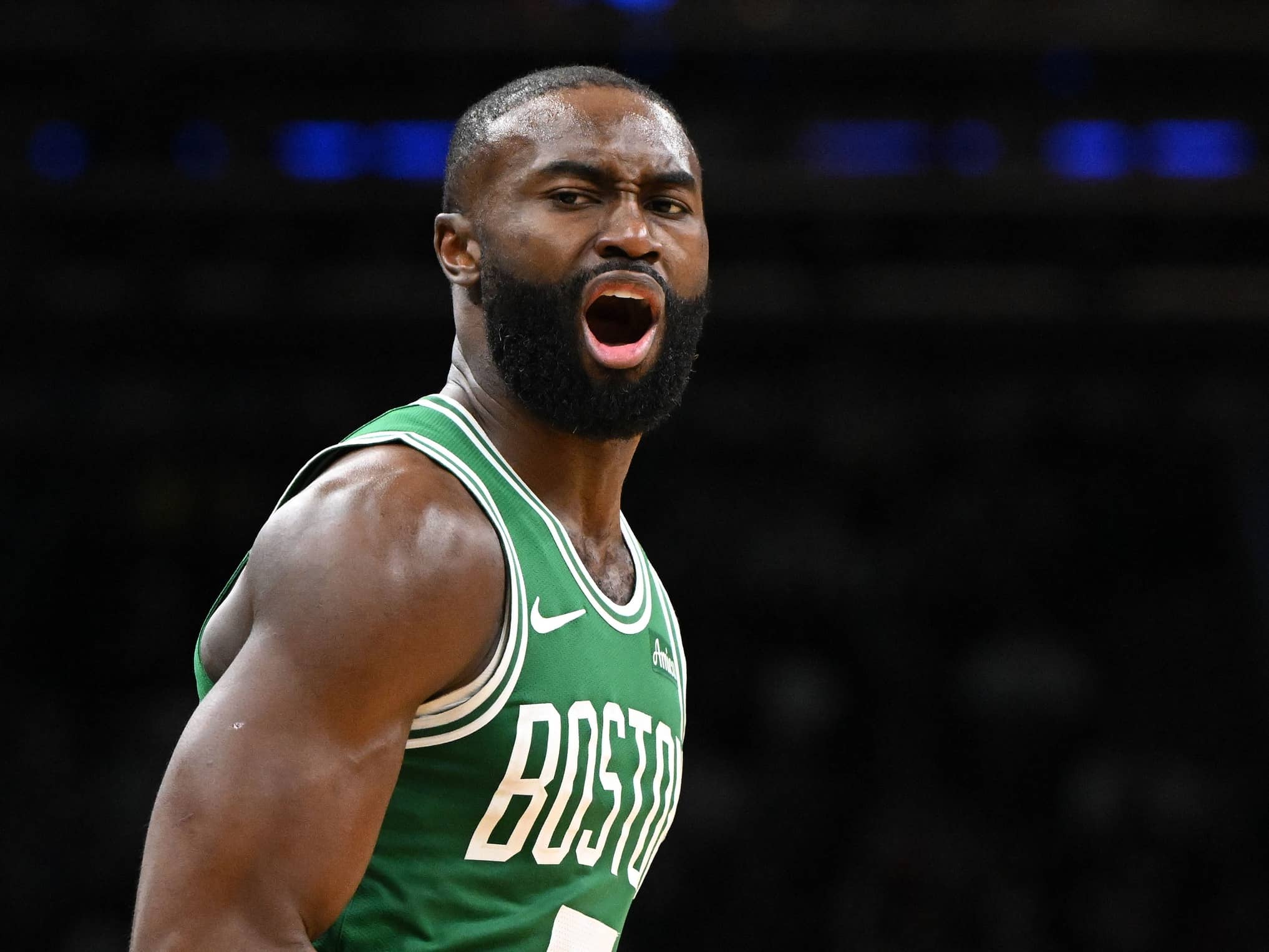 Boston, Massachusetts, USA; Boston Celtics guard Jaylen Brown (7) reacts after scoring against the New York Knicks during the second half at the TD Garden. Mandatory Credit: Brian Fluharty-Imagn Images