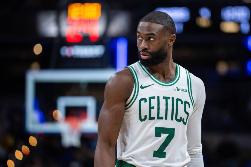 Indianapolis, Indiana, USA; Boston Celtics guard/forward Jaylen Brown (7) in the second half against the Indiana Pacers at Gainbridge Fieldhouse. Mandatory Credit: Trevor Ruszkowski-Imagn Images