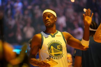 San Francisco, California, USA; Golden State Warriors forward Jimmy Butler III (10) is introduced before the start of the game against the Oklahoma City Thunder at the Chase Center. Mandatory Credit: Cary Edmondson-Imagn Images