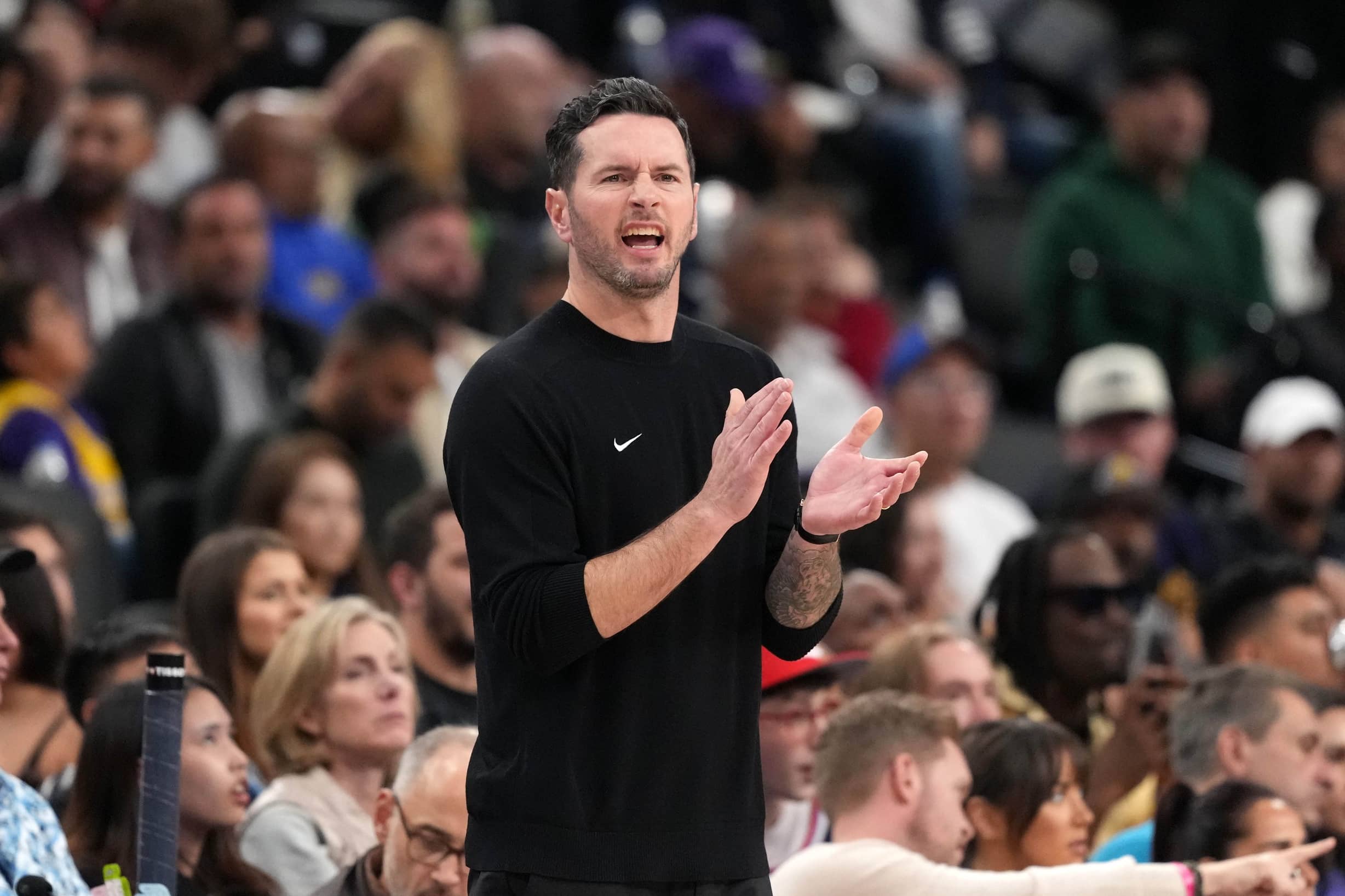 Inglewood, California, USA; Los Angeles Lakers Head Coach JJ Redick reacts in the first half against the LA Clippers at Intuit Dome. Mandatory Credit: Kirby Lee-Imagn Images