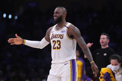 Los Angeles, California, USA; Los Angeles Lakers forward LeBron James (23) reacts in the first half against the Memphis Grizzlies at Crypto.com Arena. Mandatory Credit: Kirby Lee-Imagn Images